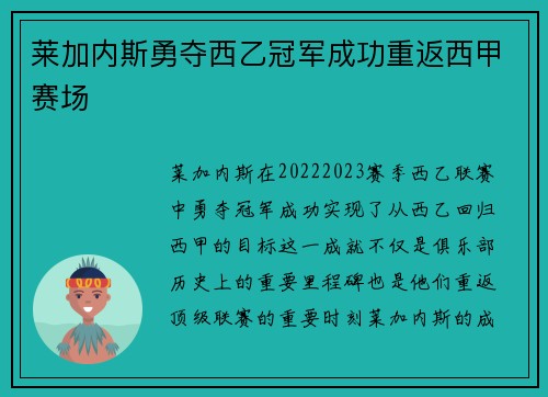 莱加内斯勇夺西乙冠军成功重返西甲赛场